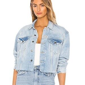 We the Free Distressed Raw Hem Amelia Slouchy Denim Trucker Jacket Sz L